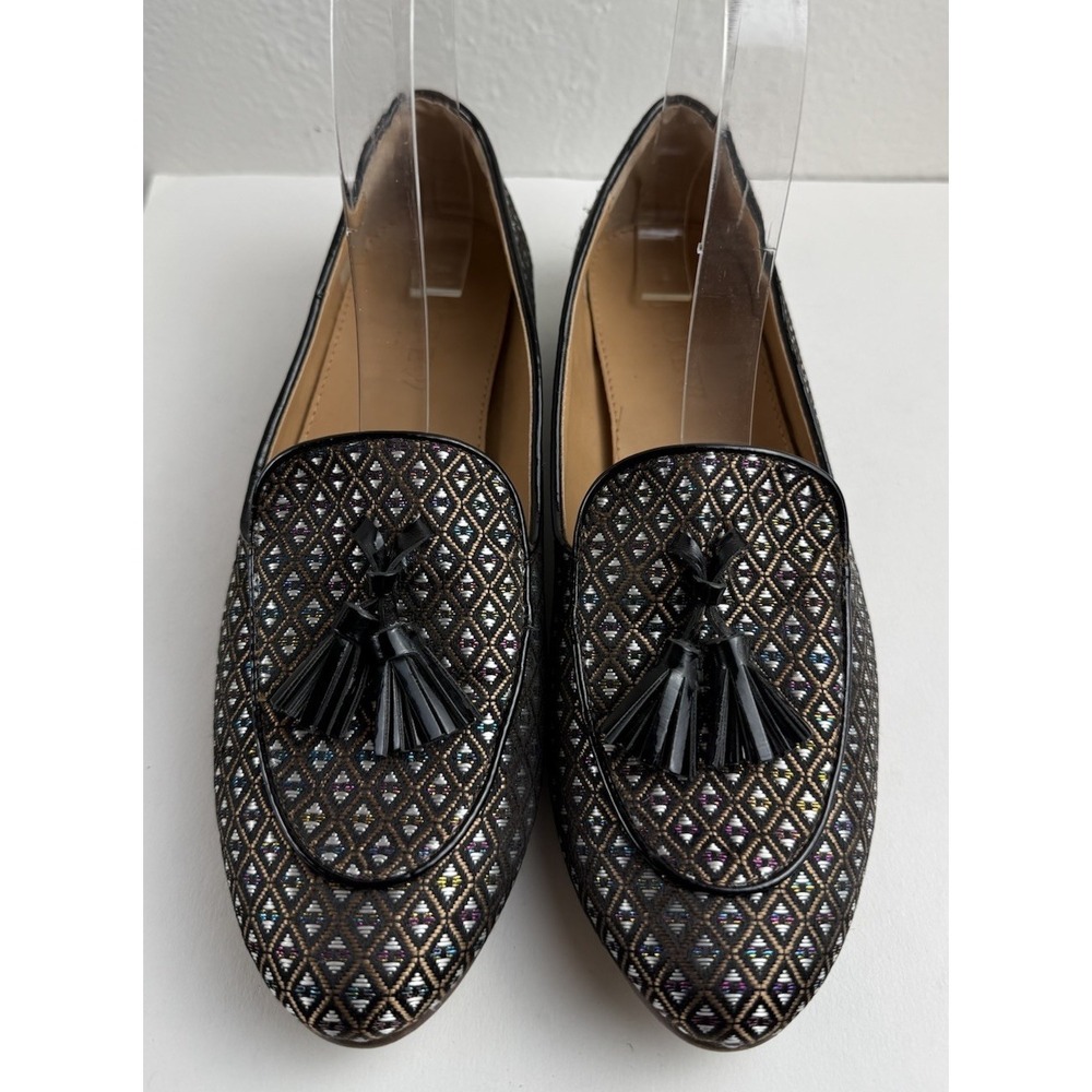 J Crew Black Gold Metallic Jacquard Geometric Pattern Tassel Loafer Shoes Sz 6.5